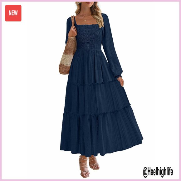 Long Sleeve Smocked Maxi Dress with Pockets Flowy A-Line Fit